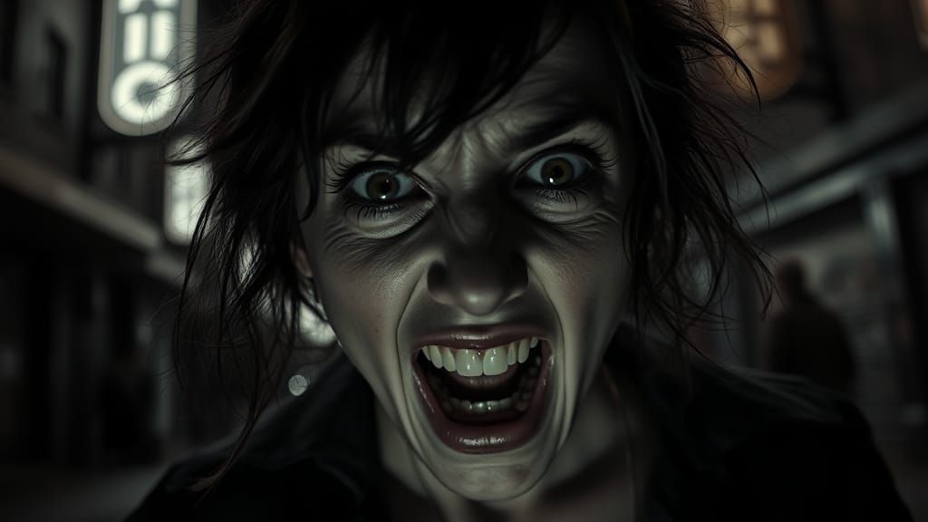 Frantic Woman in Dark 1950s Cityscape, Film Noir