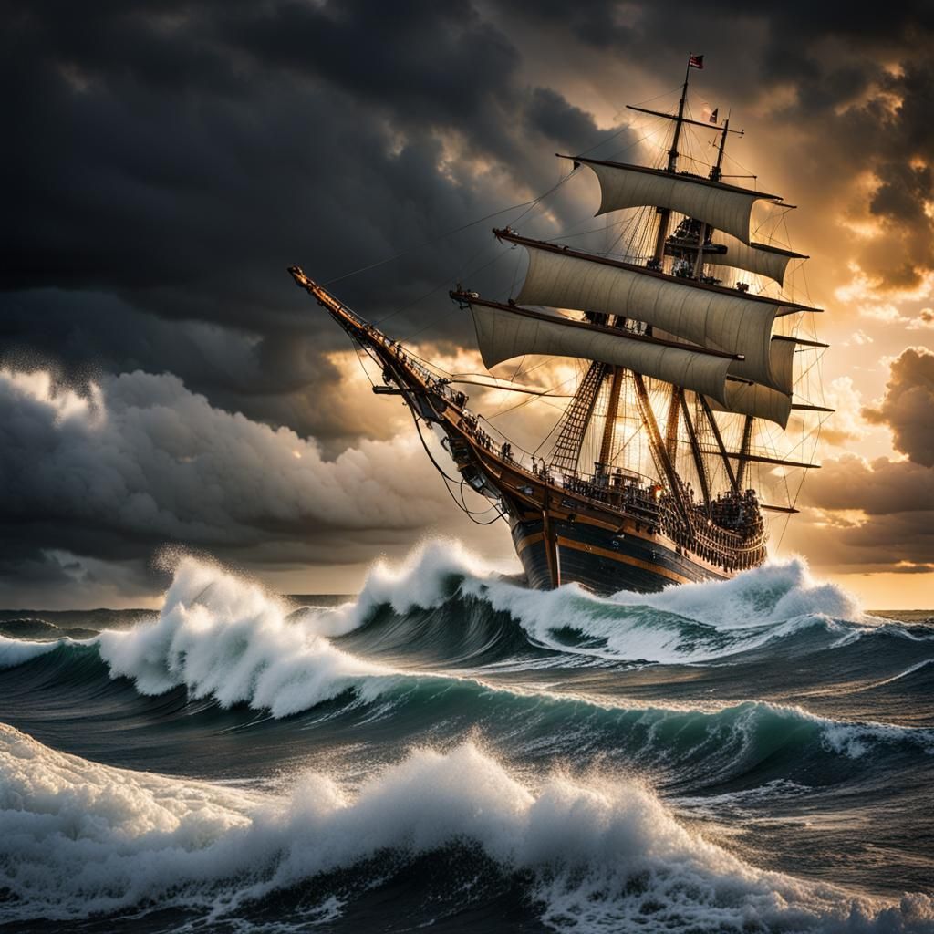 Pirate Ship Faces Stormy Seas: Golden Hour Photography