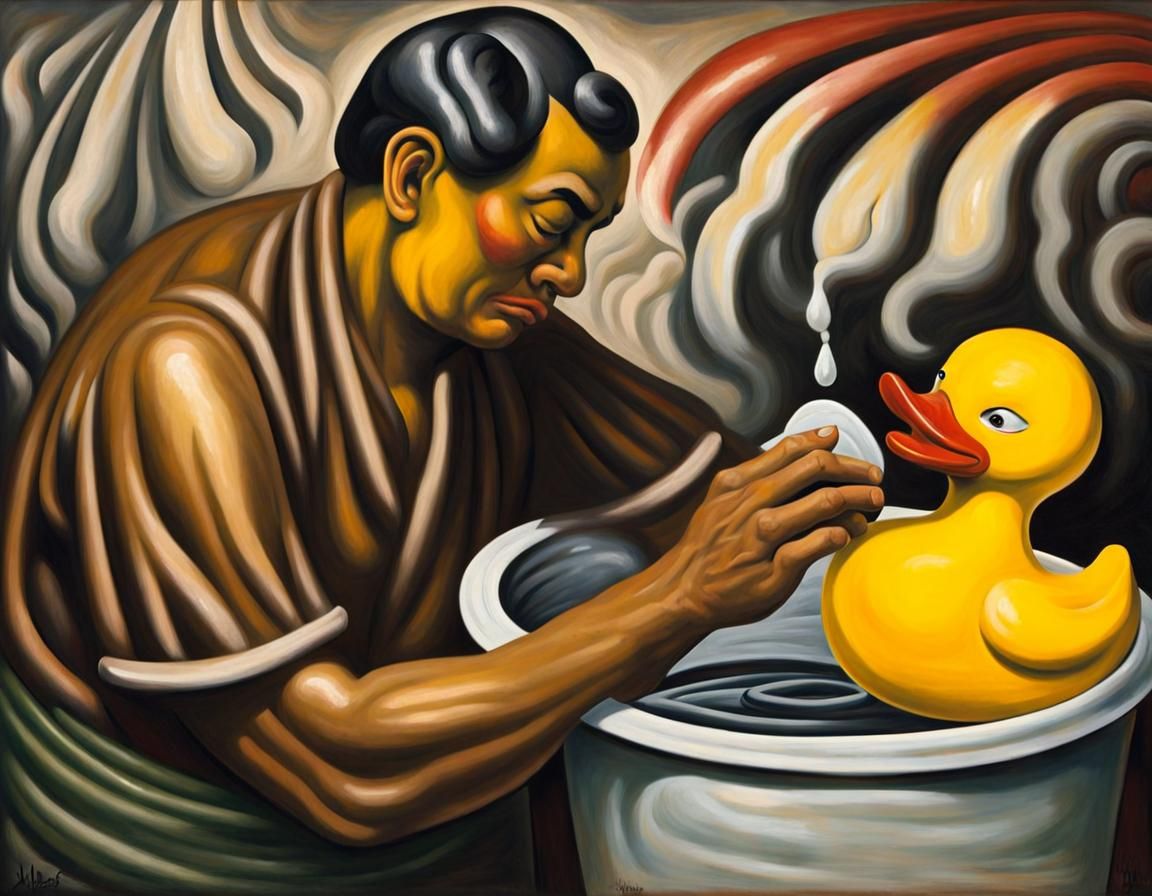Man washing oily demonic rubber duck