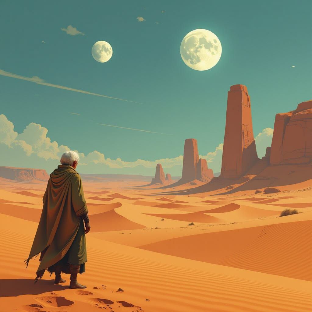 Elderly Woman in Alien Desert with Two Moons