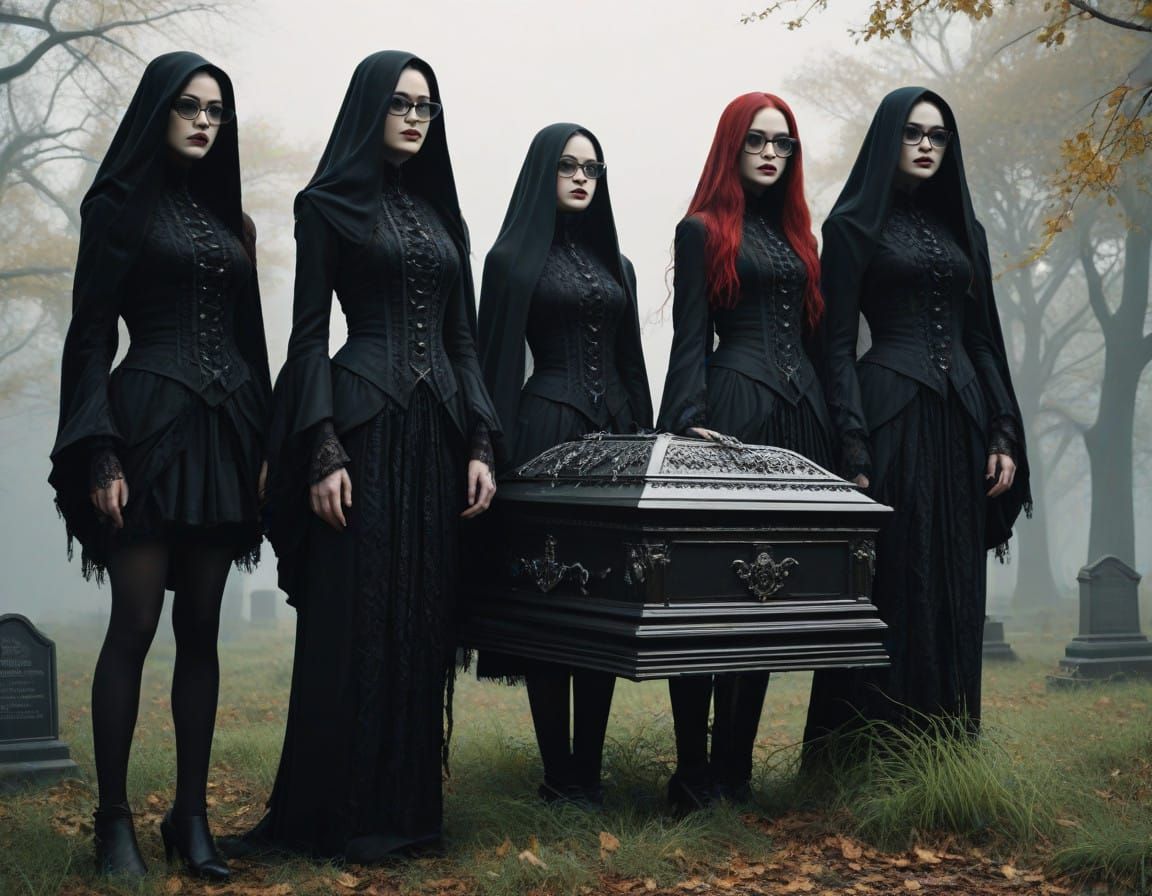 Gothic Beauties in Mourning Attire, Victorian-Style Coffin,....