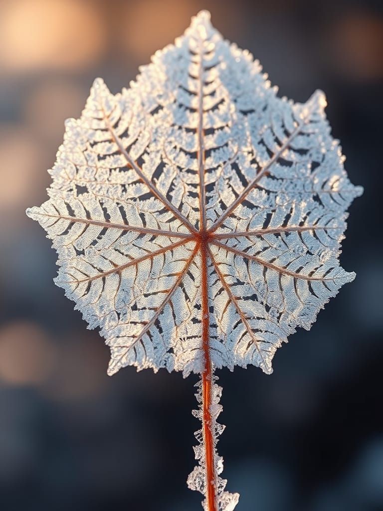 "A breathtaking macro shot of a frost-covered leaf, revealing intricate fractal vein patterns branching symmetrically. T...