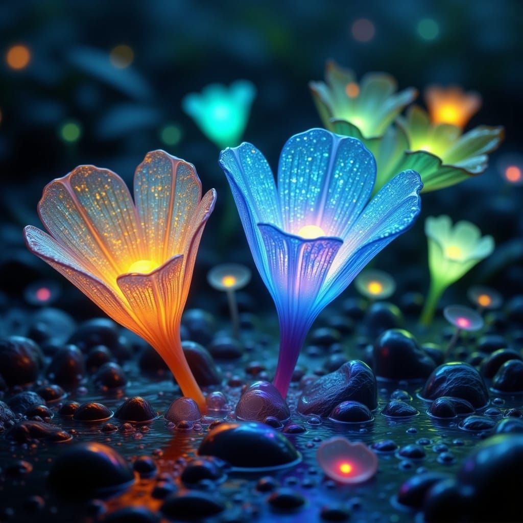 Glowing Glass Flowers Emerge from Misty Swamp
