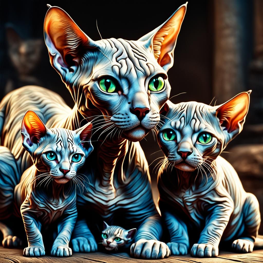 Hyperrealistic Sphynx Cat Mummy with Kittens