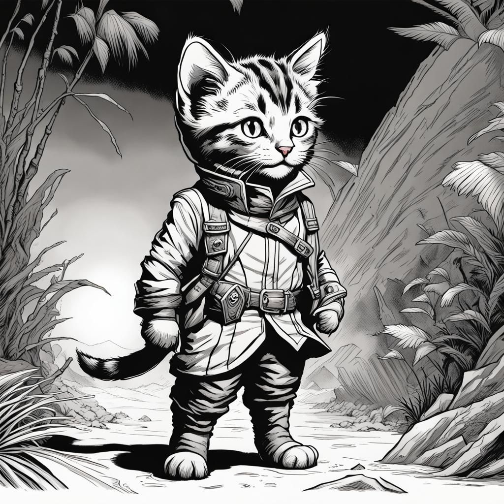 Style of Tenniel, black and white drawing of a tabby kitten dressed as an explorer