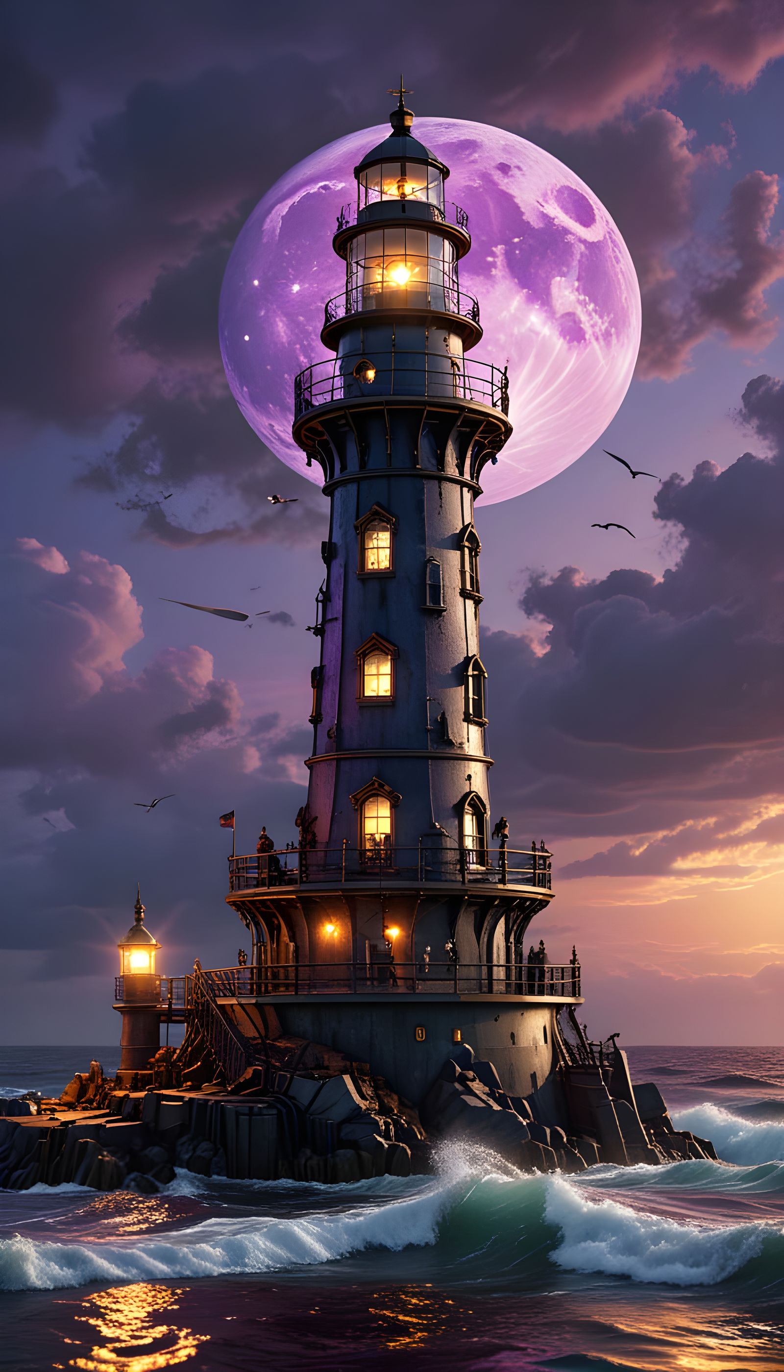 Steampunk Lighthouse on Volcanic Coast at Night