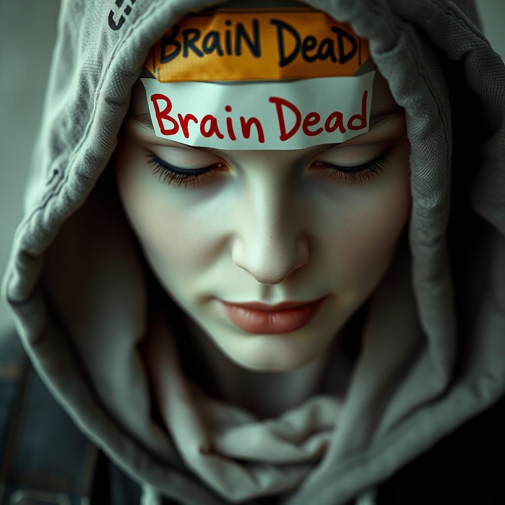 Dystopian Portrait of Woman with Brain Dead Label