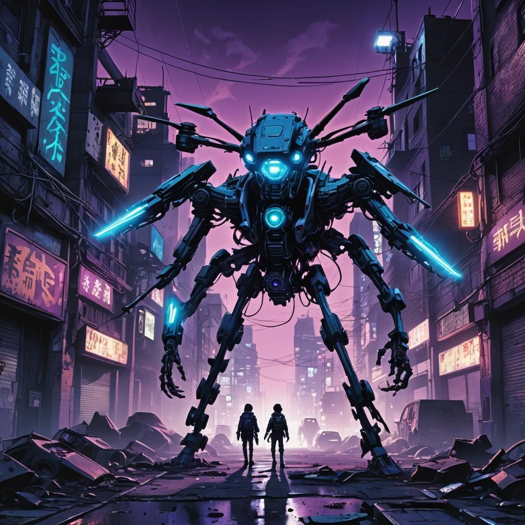 Cybergothic Anime Drone over Zombie Cityscape