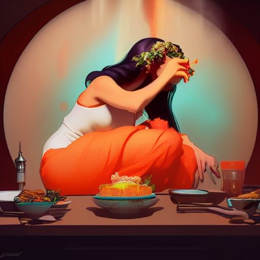 Lana Del Rey Surrounded by Food, Hyperdetailed Art