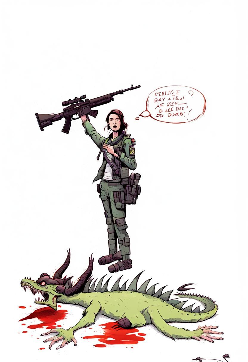 Victorious Soldier with Dragon, Sci-Fi Illustration