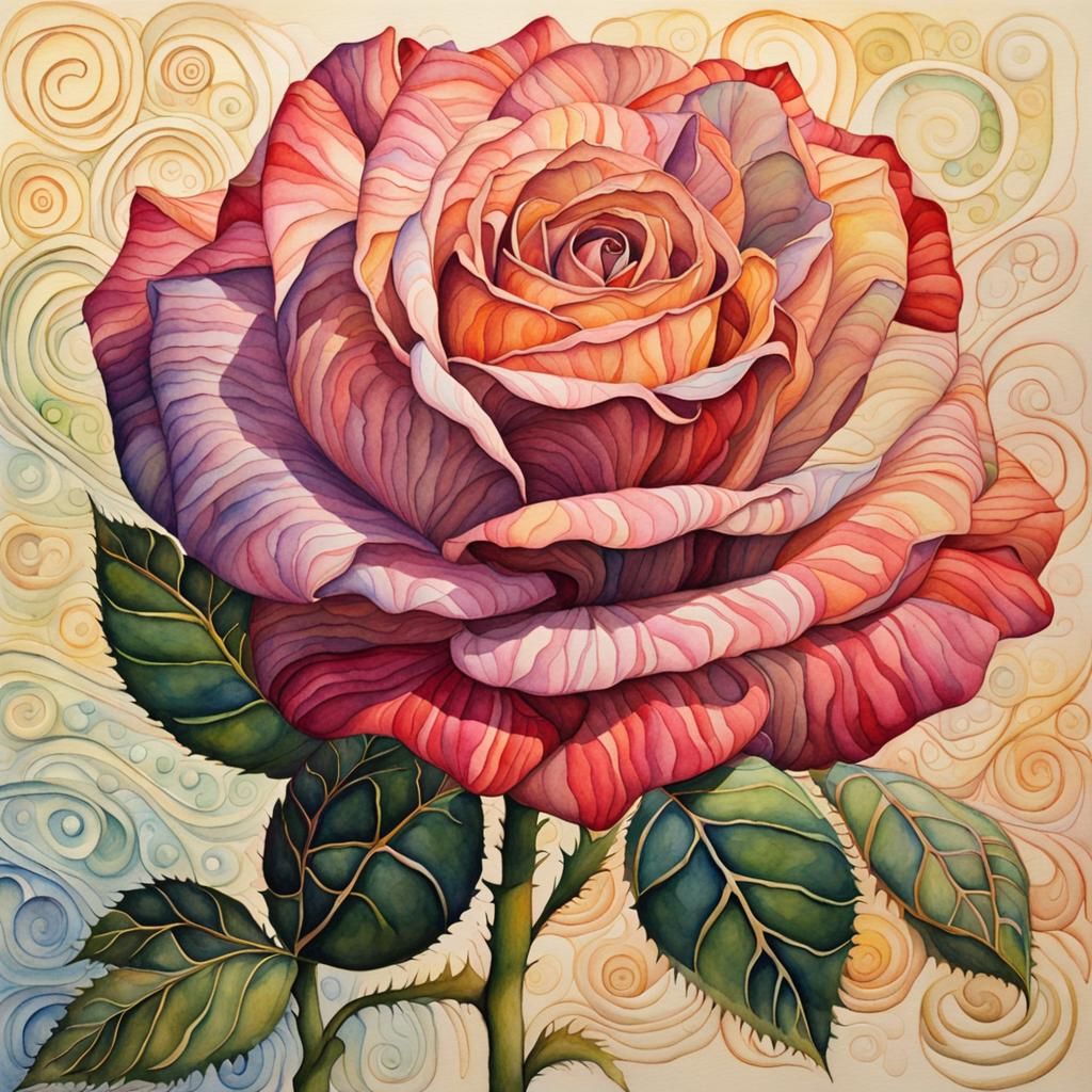 Watercolor Rose with Zentangle and Art Deco Elements