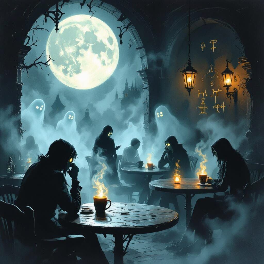 Eerie Moonlit Coffeehouse With Glowing Mugs