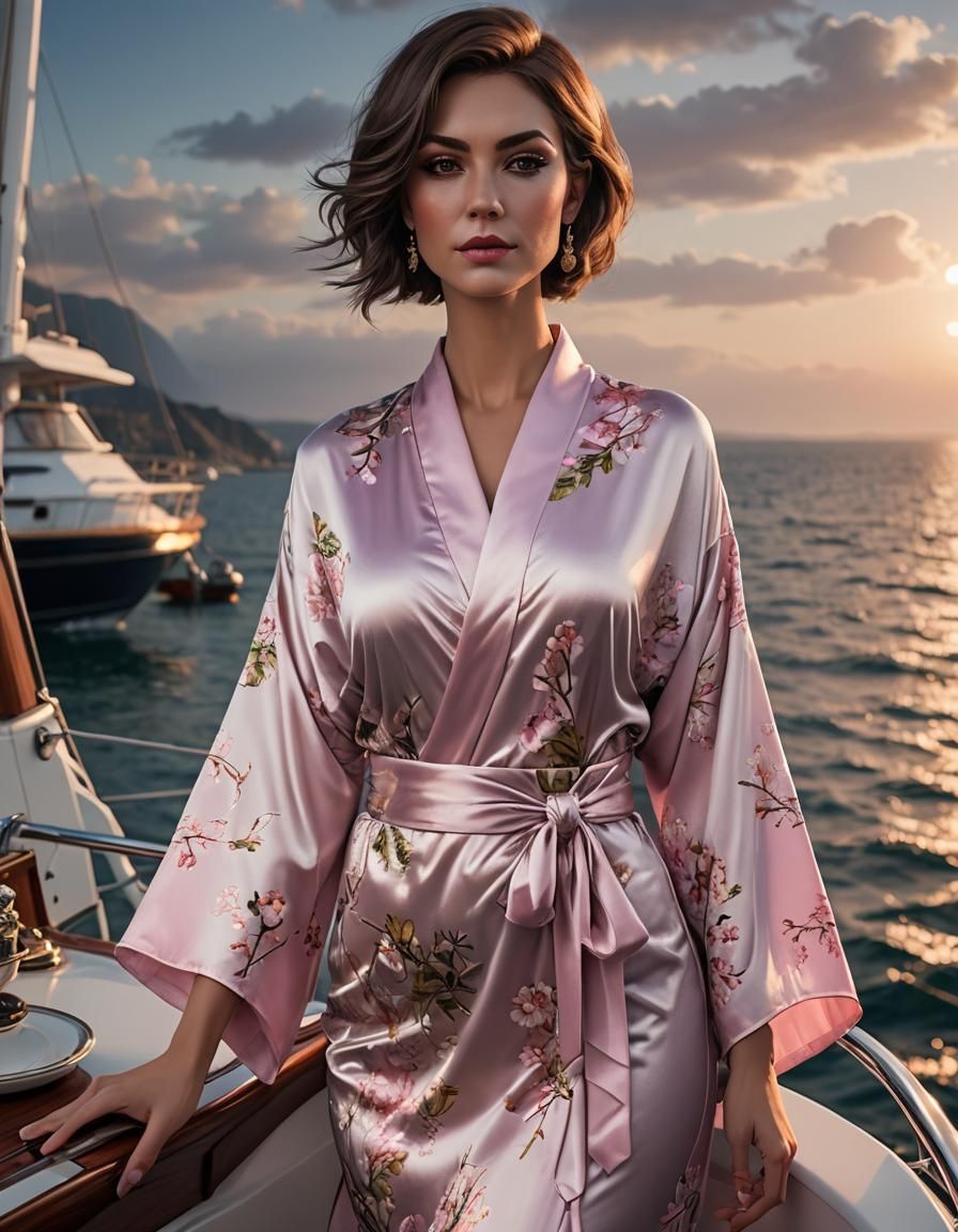 Italian Woman in Silk Kimono on Yacht at Sunrise