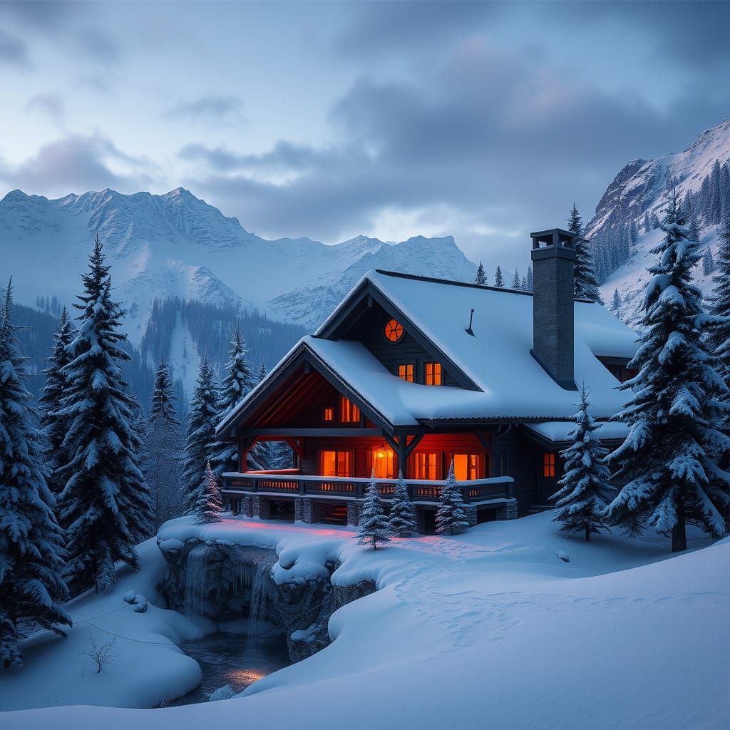 Majestic Alpine Winter Chalet at Dusk
