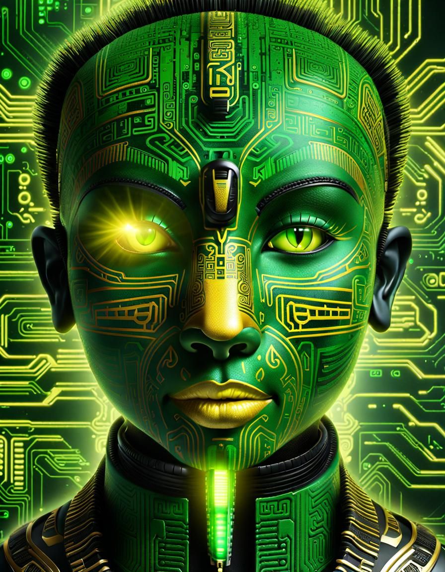 Maori Tattooed Robot Goddess in Cyberpunk Style