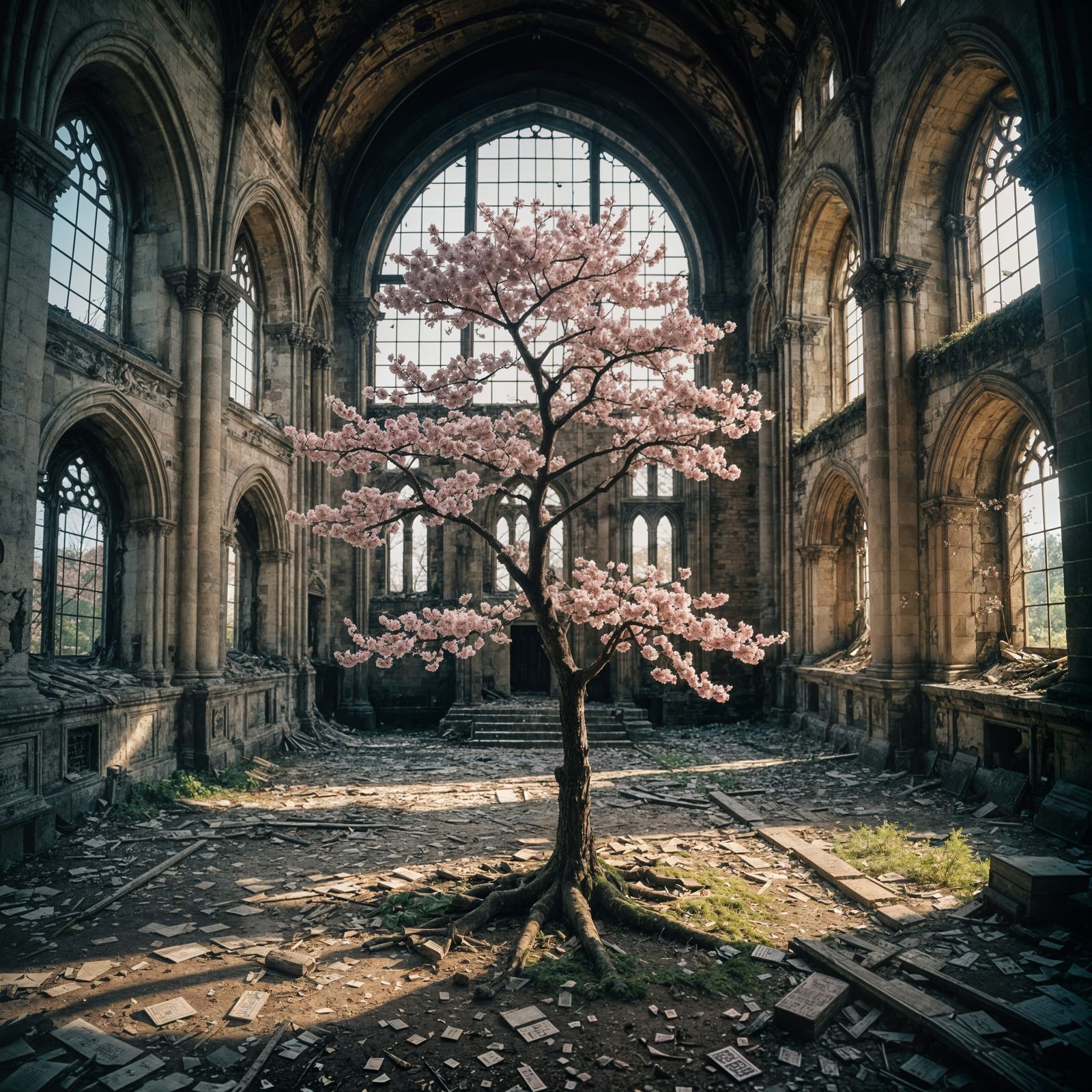 Cherry Blossom in Ruined Cathedral: Cinematic Film Still