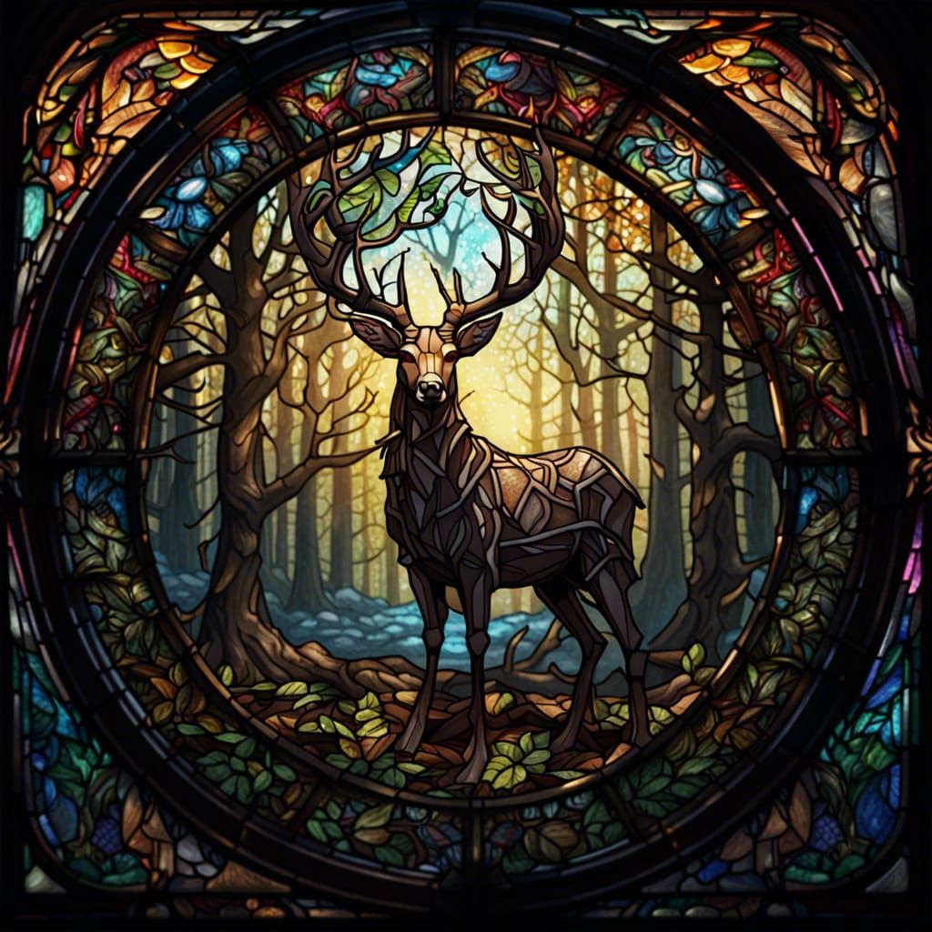 Stained Glass Deer in Dark Fantasy Style