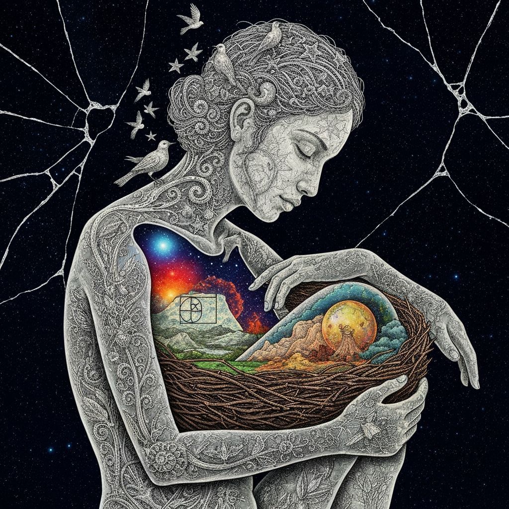 Surreal Woman Carries Cosmic Nest, Blending Nature and Stars