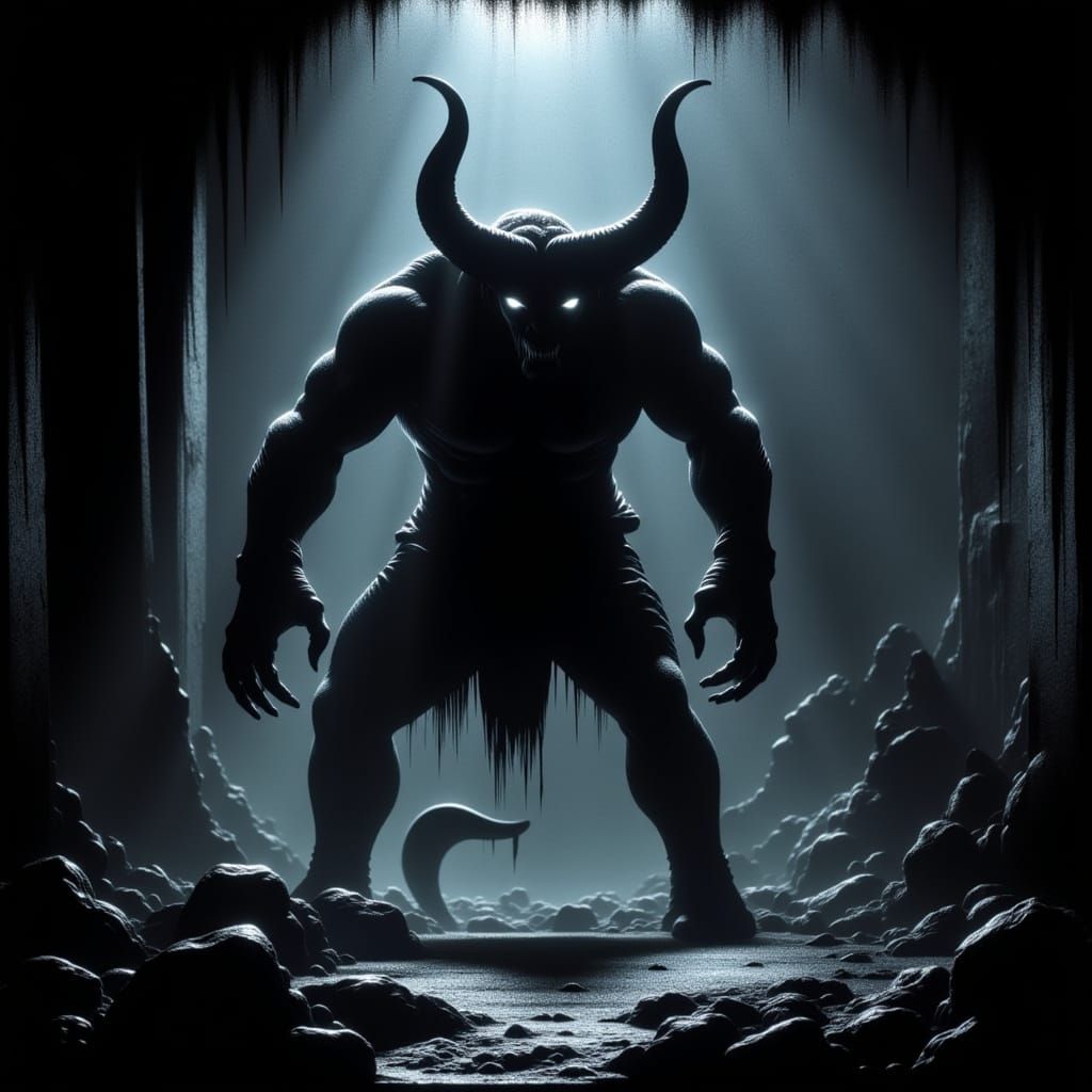 Eerie Blacklit Minotaur in Dark Dungeon