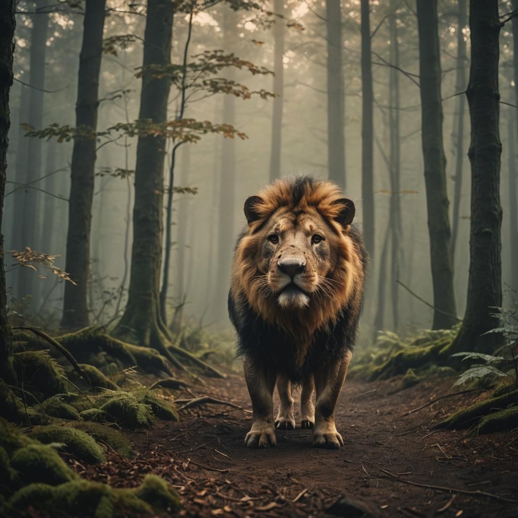 Pig-Lion Hybrid in Misty Forest: Cinematic Still