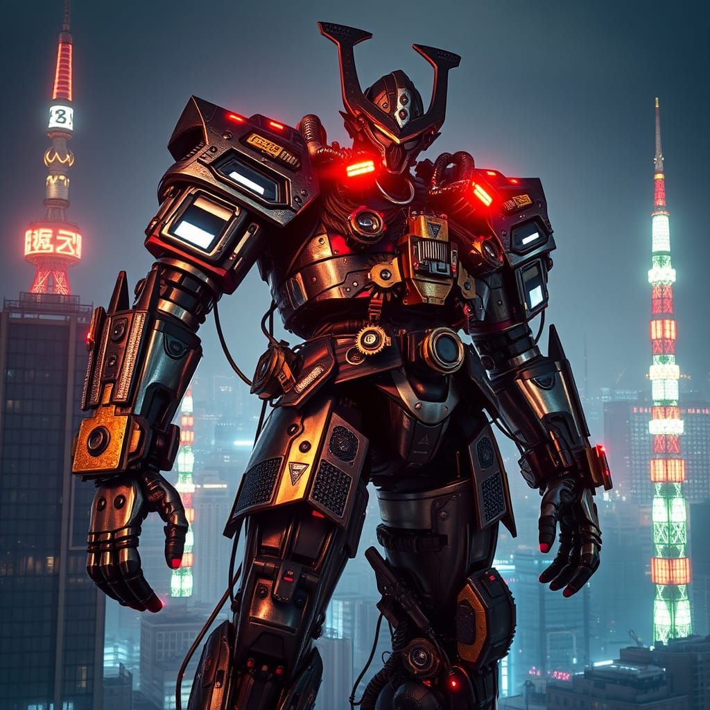 Steampunk Samurai Robot Guards Futuristic Tokyo