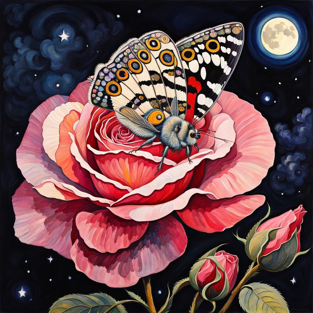 Moth on Rose in Art Nouveau Gouache Style