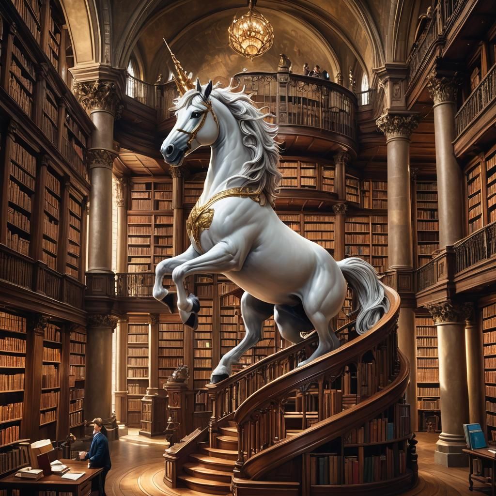 Unicorn Librarian Casting Spells in Magical Library