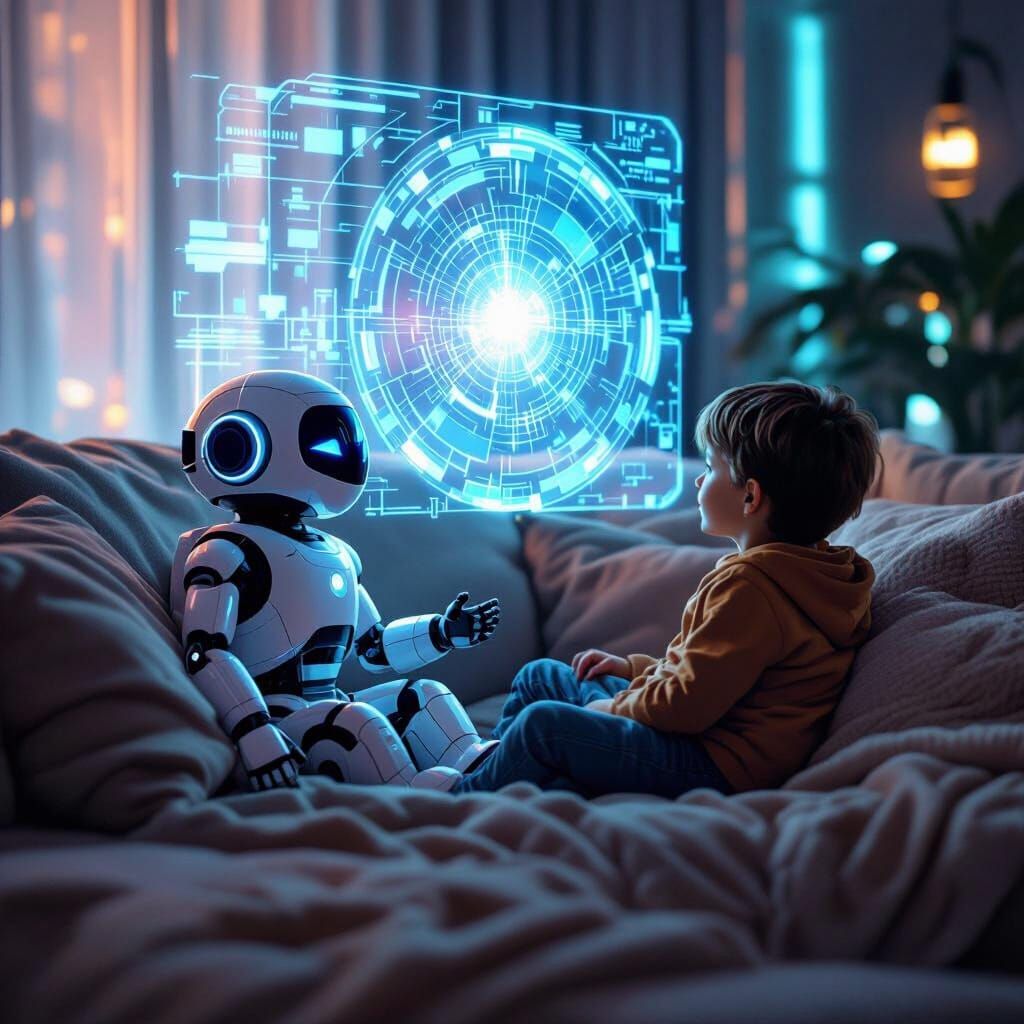 Boy and Robot Watch Hologram in Futuristic Style