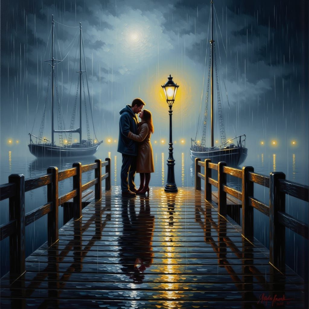 Rainy Harbor: Couple Embracing in Romantic Oil Painting Styl...