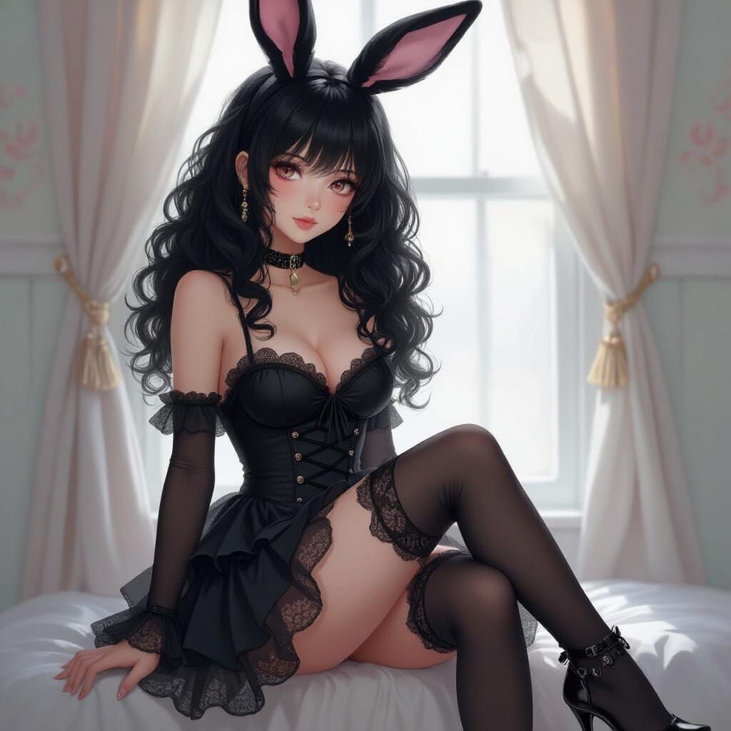 Black and White Haired Girl with Bunny Ears