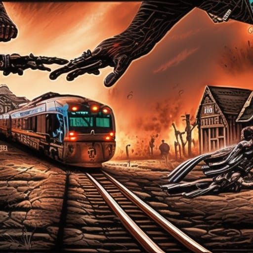 Zombie Horde on Train Tracks: Detailed Matte Painting