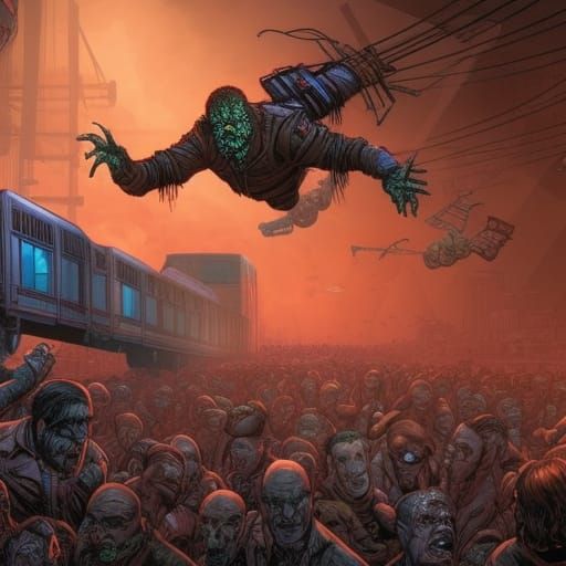 Zombie Train on Tracks: Detailed Matte Painting