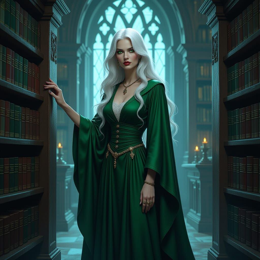 Witch in Ancient Library with Arcane Tomes