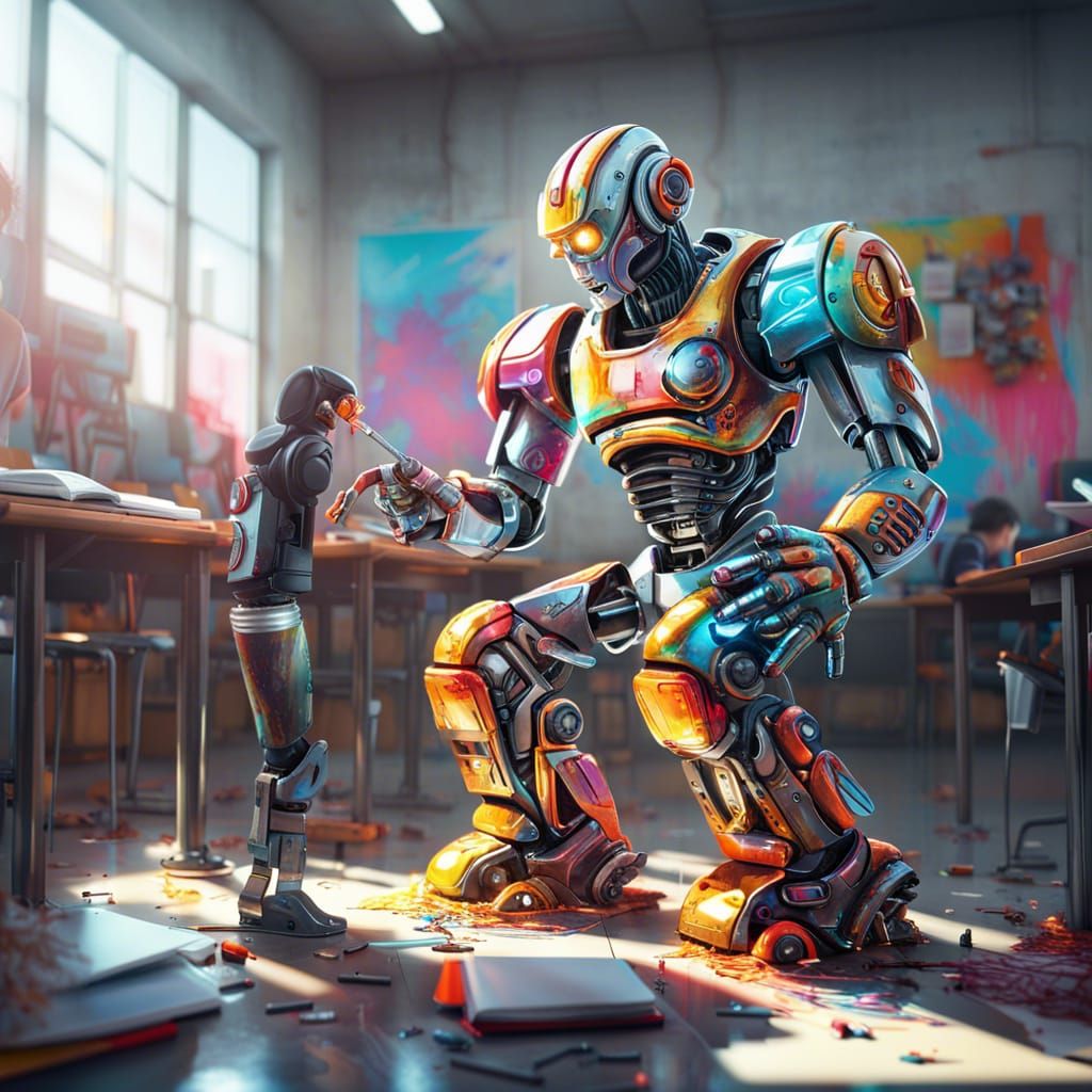 Muscular Robot Lectures Students: Graffiti Splash Art
