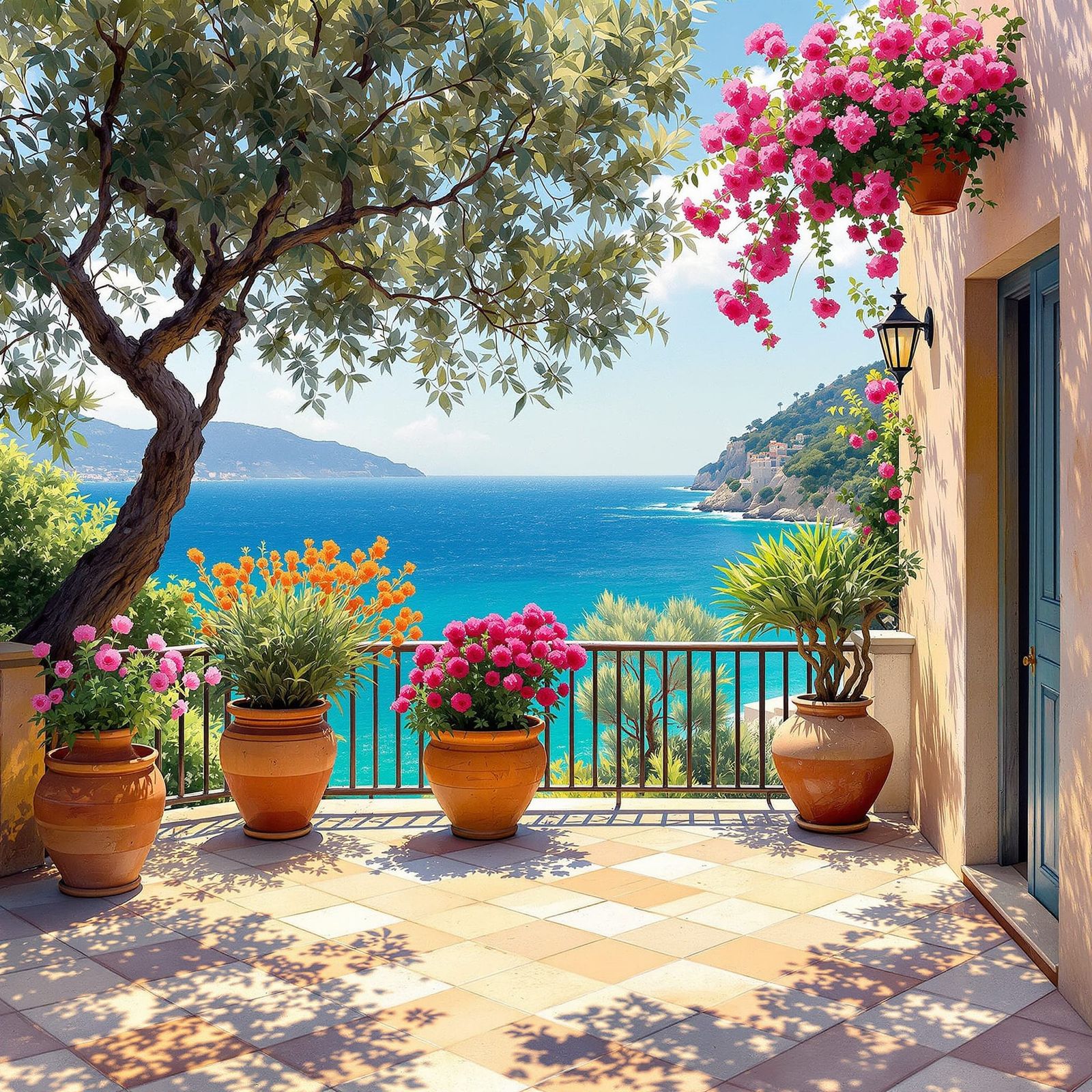 Mediterranean Terrace Overlooking Sparkling Sea with Bougain...