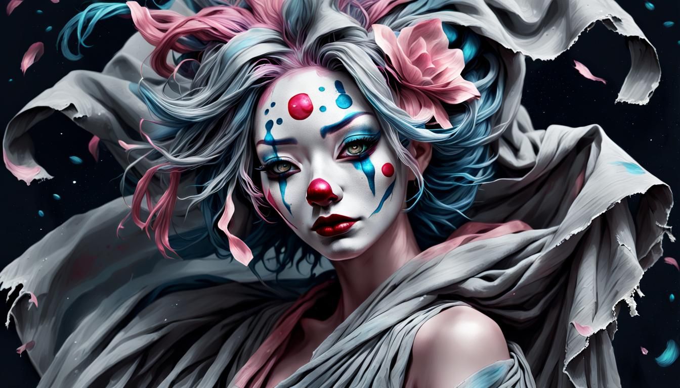 Grayscale Kabuki Clown with Fireflies in Digital Painting