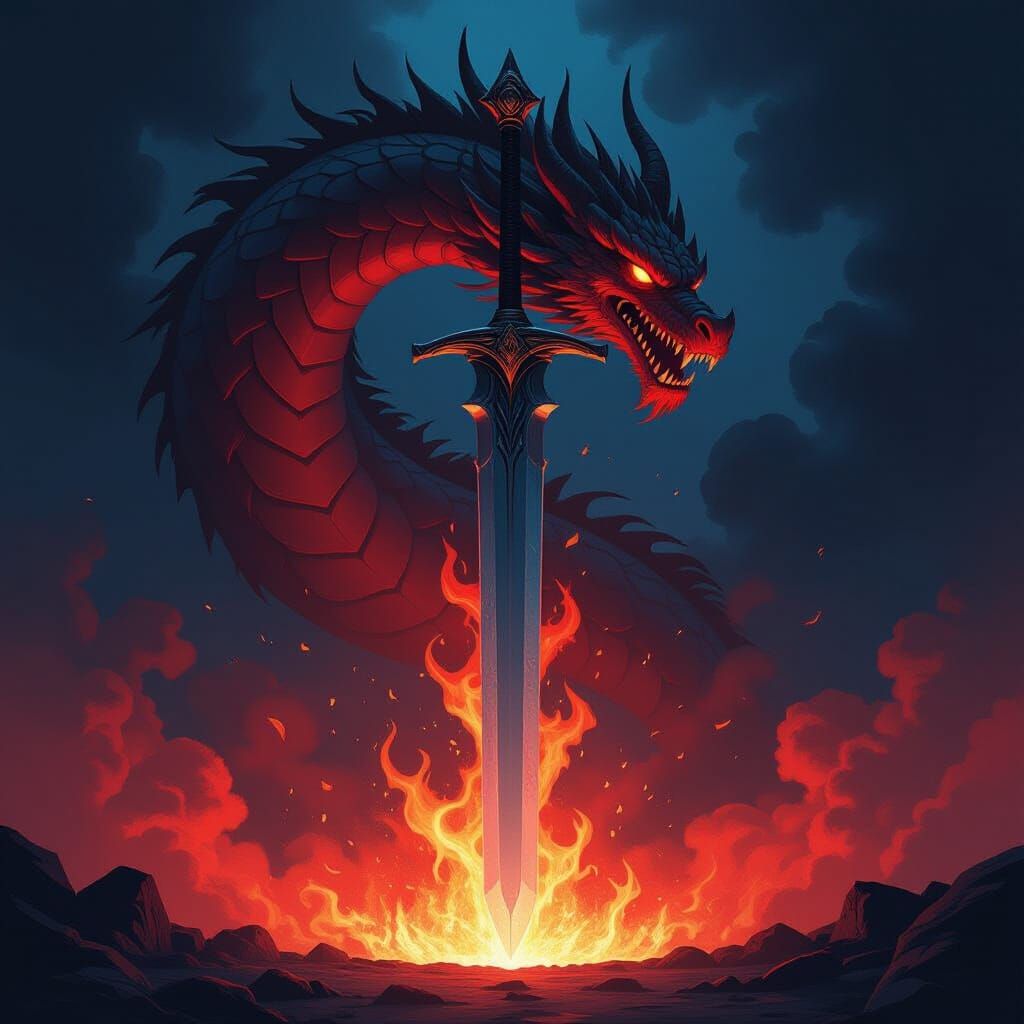 Fiery Sword and Dragon Majestic Display in Dynamic Style