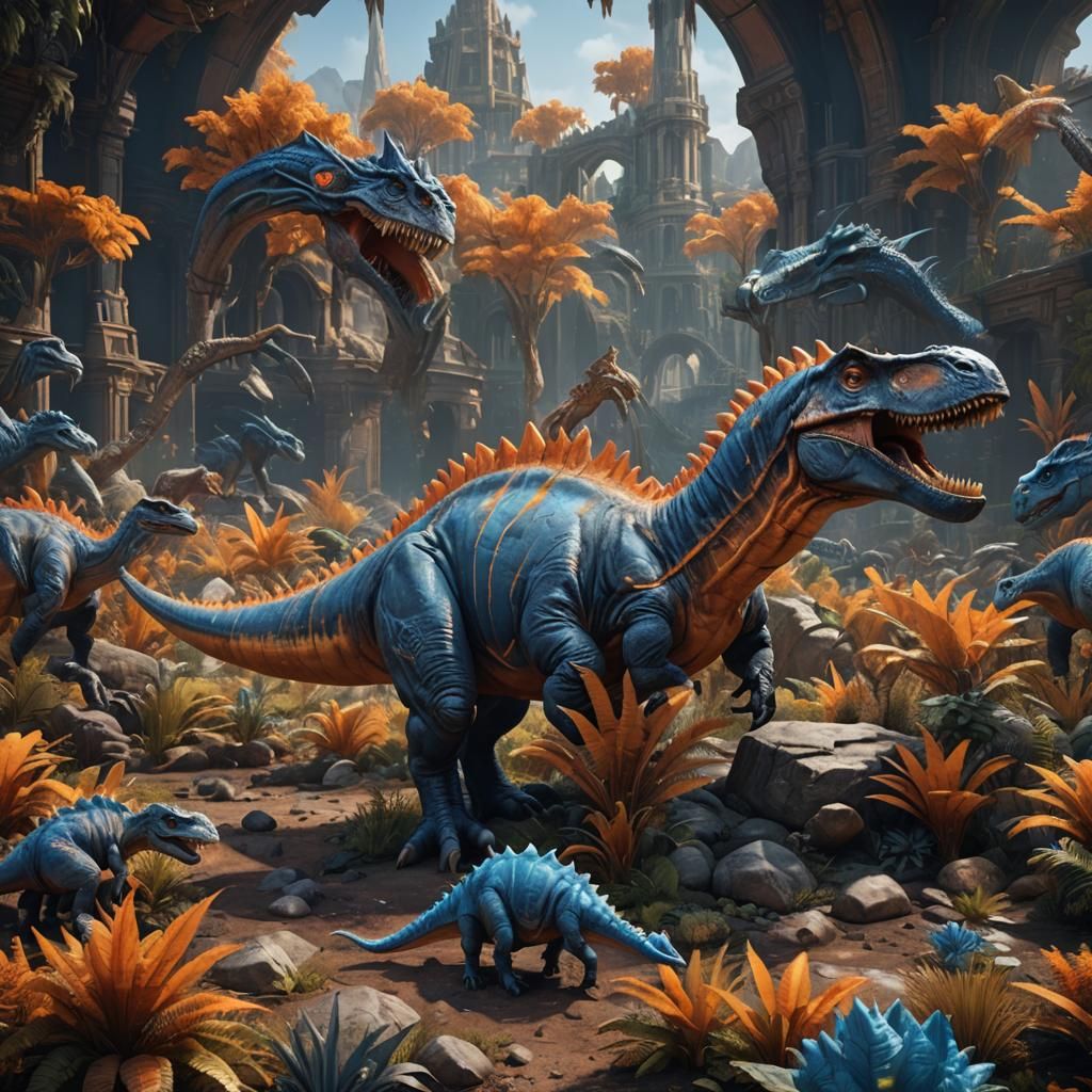 Orange and Blue Dinosaur in Detailed Matte Painting