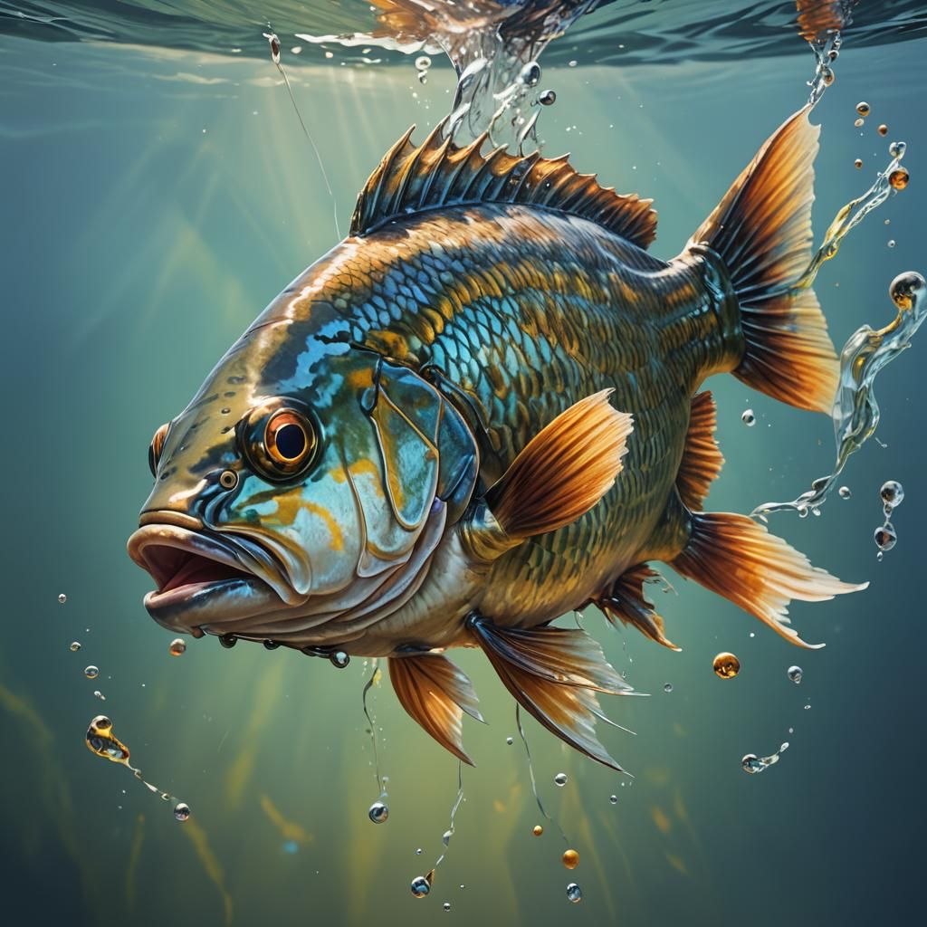 Hyperrealistic Fish on a Line in Splash Art Style