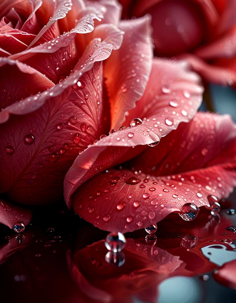 Velvety Rose Petal Reflecting Forest: Macro Photography