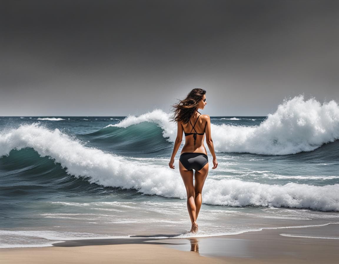 Spanish Woman on Majorca Beach: Charcoal Drawing