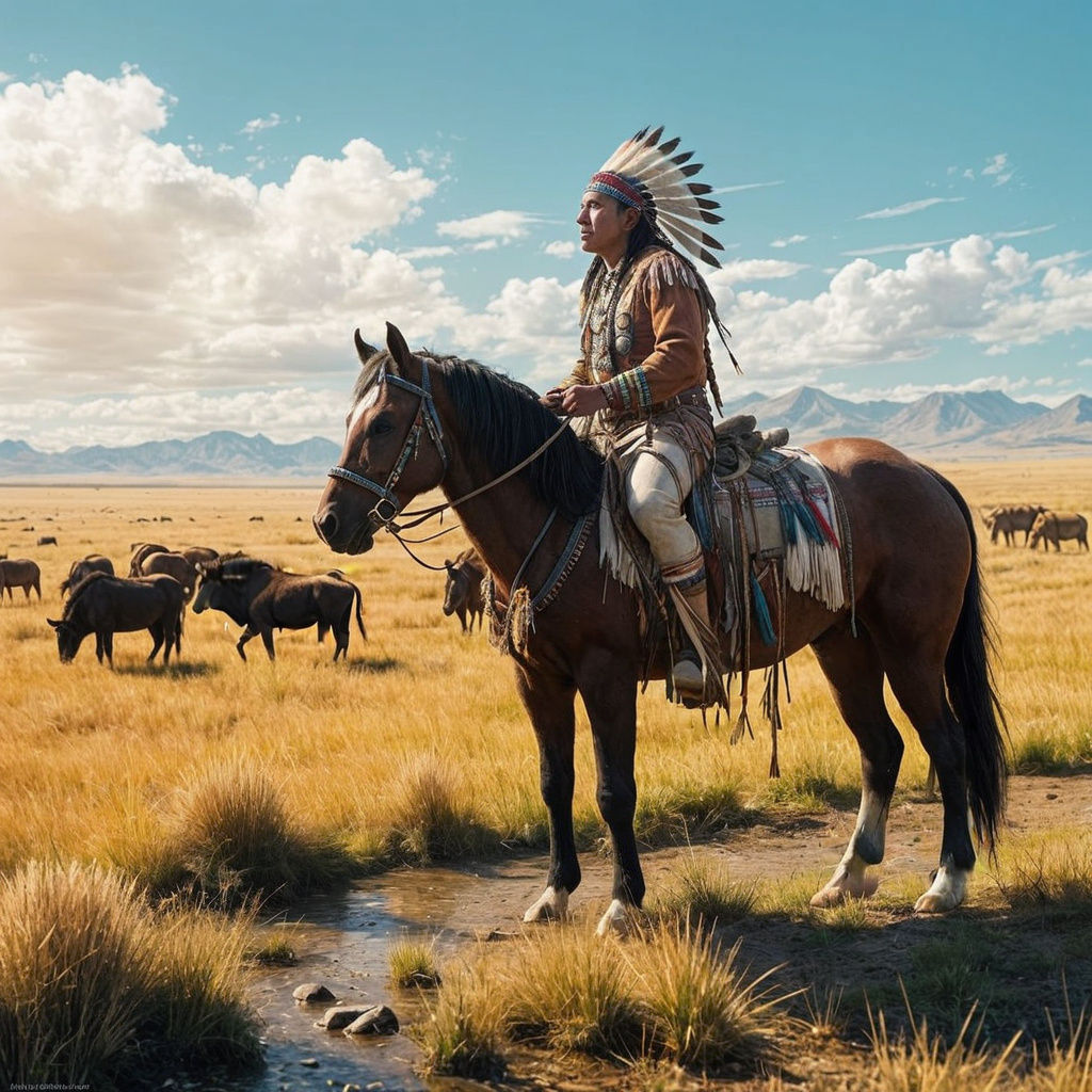 Native American Chief in Regal Splendor on Horseback
