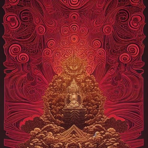 Ornate Buddha Statue in Dark Red Ink Illustration