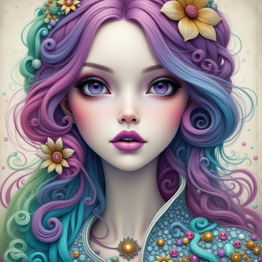 Glamorous Foxy Woman with Rainbow Hair and Gemstones