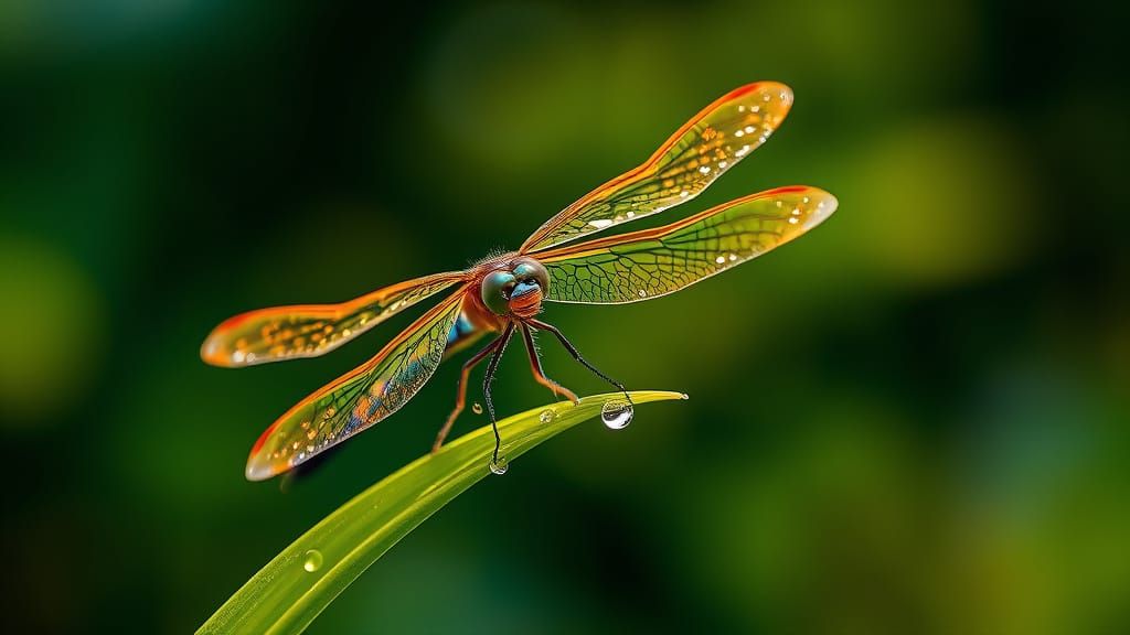 Iridescent Dragonfly in Dew-Kissed Forest: Macro Shot