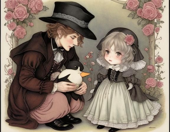 Chibi Penguins Offer Gifts: Etching Illustration