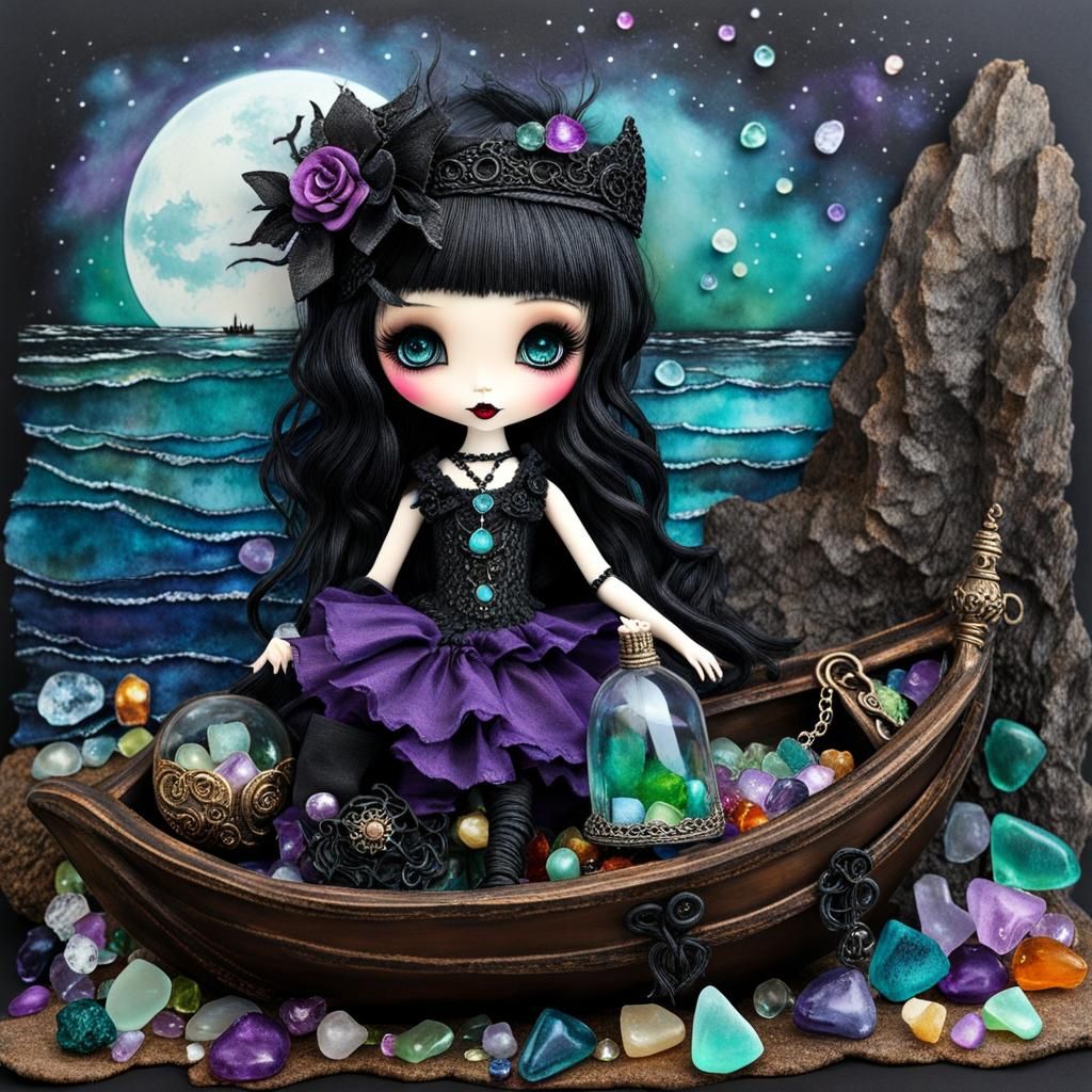 whimsical  misfits little  goth  doll alcohol inks A girl playing with  a  doll and atoy ship  that has been wrecked  on...