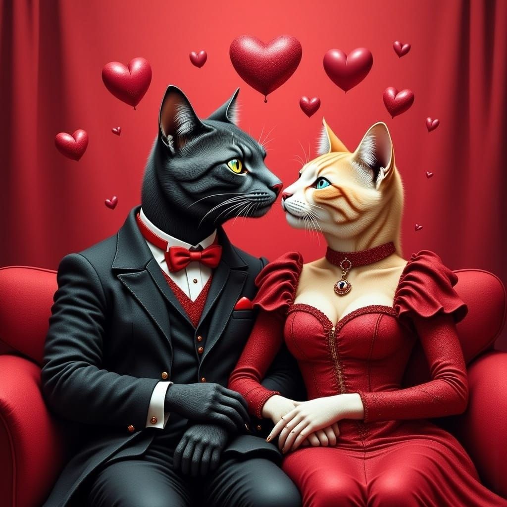 Anthropomorphic Cat Couple in Red Valentine's Day Setting