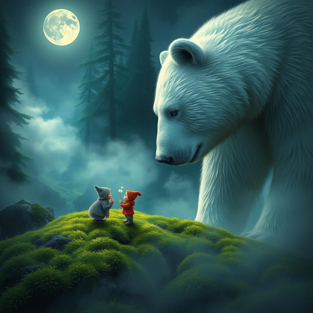 Dwarf Kisses Polar Bear in Mystical Forest