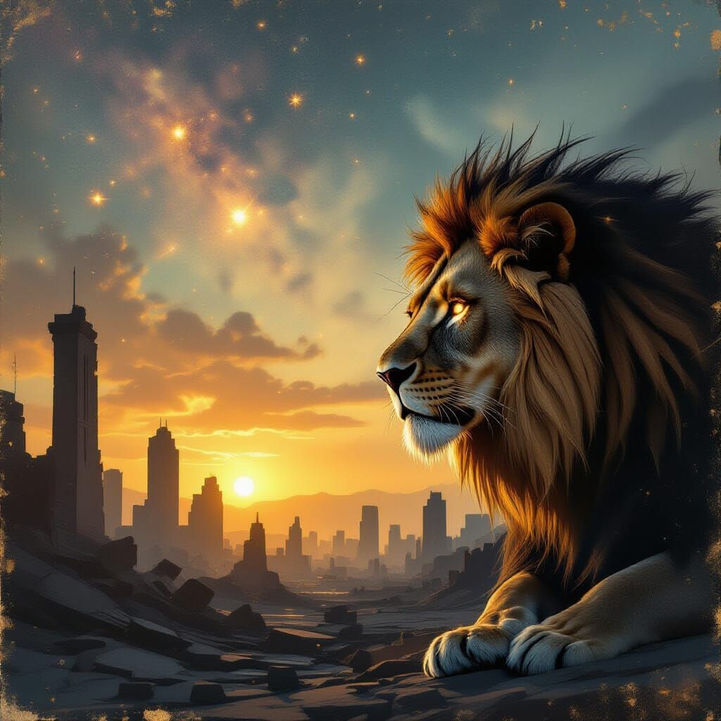 Lion Surveys Ruined Cityscape in Impasto Style